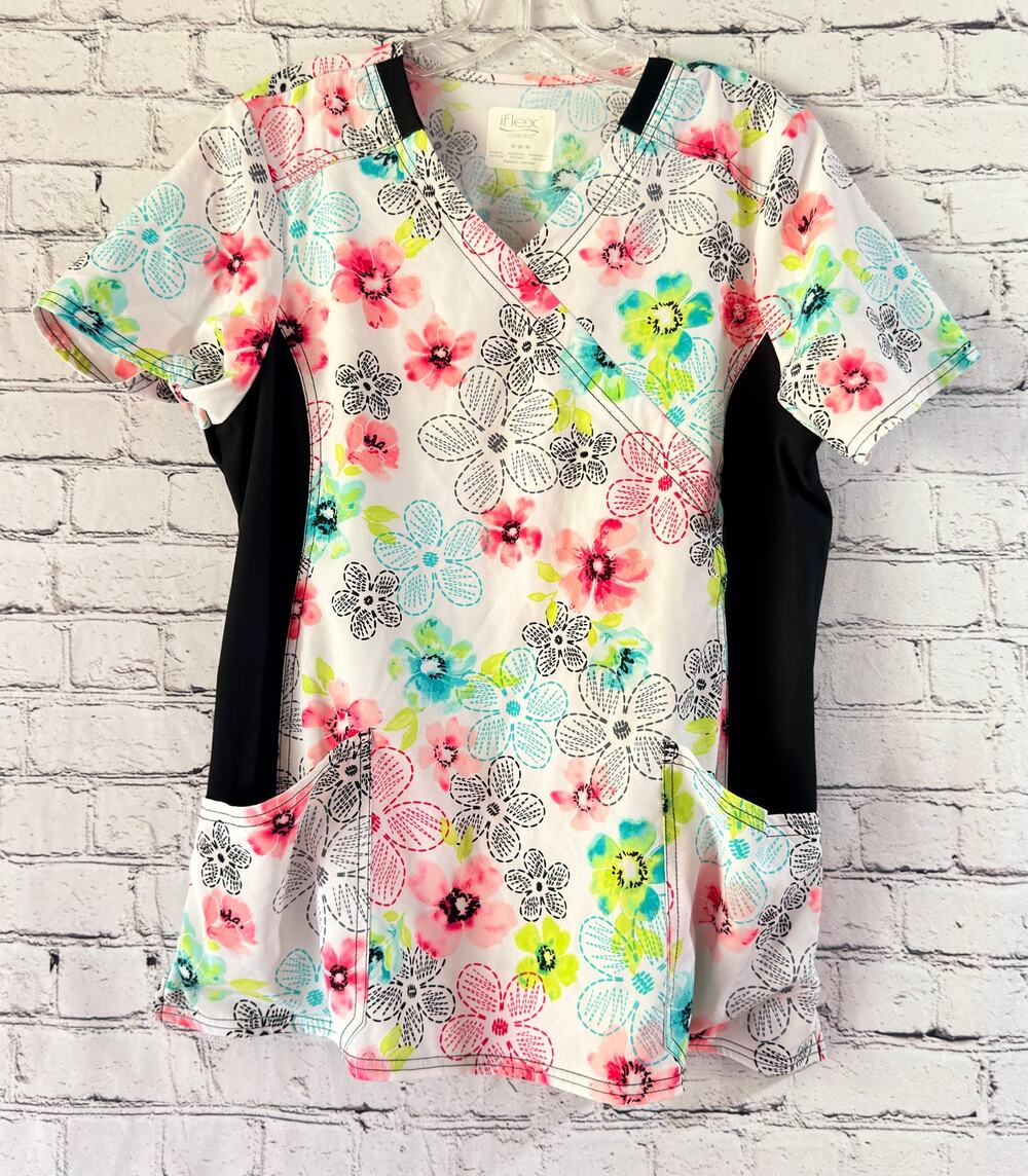 Cherokee iflex Scrub Top w/Pockets Women's Size M Floral Print NWOT